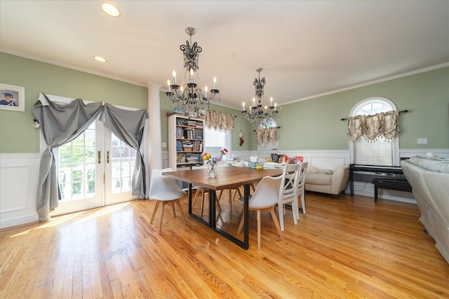 3225 155th St, Flushing, NY 11354 - dining room featuring a chandelier, a wainscoted wall, ornamental molding, light wood-type flooring, and recessed lighting