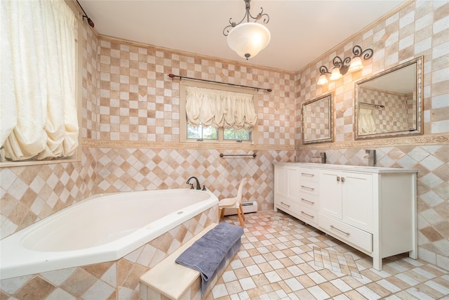 3225 155th St, Flushing, NY 11354 - full bathroom featuring tile walls, double vanity, a garden tub, tile patterned floors, and baseboard heating
