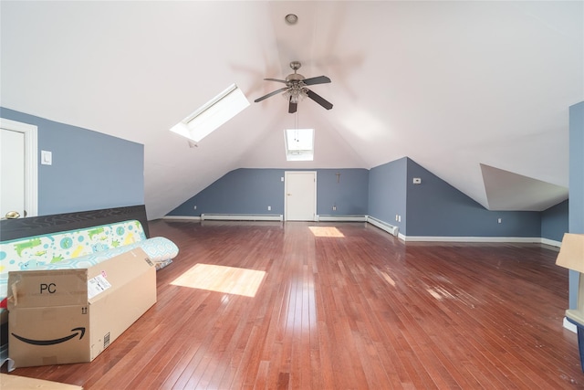 3225 155th St, Flushing, NY 11354 - bonus room with baseboard heating, ceiling fan, hardwood / wood-style floors, lofted ceiling, and a skylight
