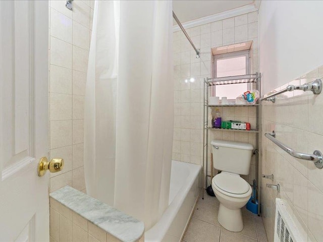 429 Revere Ave, Bronx, NY 10465 - bathroom featuring tile walls, tile patterned floors, toilet, radiator, and ornamental molding
