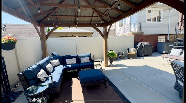 1444 Gillespie Ave, Bronx, NY 10461 - fenced backyard featuring a gazebo, outdoor lounge area, grilling area, and a patio area