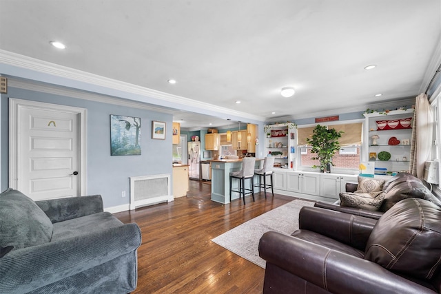 773 Mile Square Rd, Yonkers, NY 10704 - living room featuring ornamental molding, dark wood-type flooring, recessed lighting, and baseboards