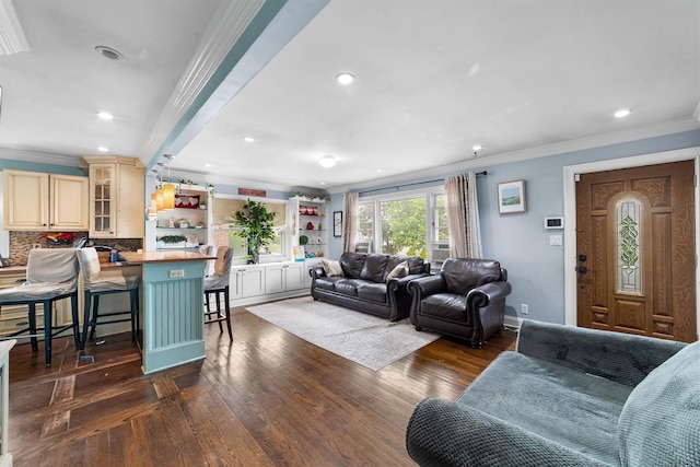773 Mile Square Rd, Yonkers, NY 10704 - living area with crown molding, recessed lighting, dark wood finished floors, and baseboards