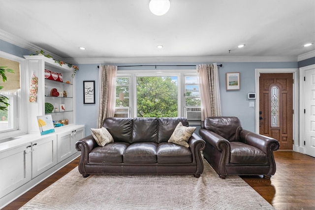 773 Mile Square Rd, Yonkers, NY 10704 - living room with dark wood-style flooring, ornamental molding, recessed lighting, and cooling unit