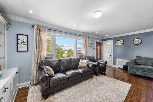 773 Mile Square Rd, Yonkers, NY 10704 - living area featuring baseboards, ornamental molding, recessed lighting, and dark wood finished floors