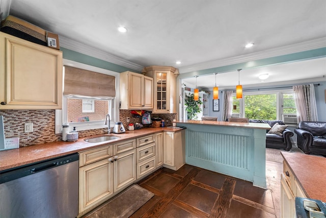 773 Mile Square Rd, Yonkers, NY 10704 - kitchen with cream cabinets, dishwasher, a sink, open floor plan, and backsplash