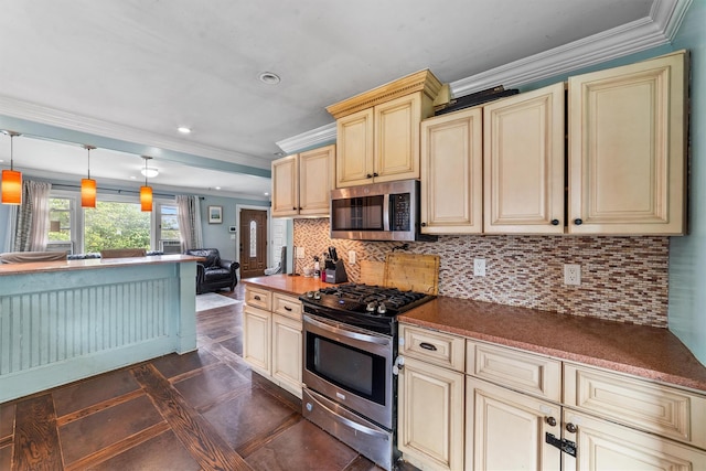 773 Mile Square Rd, Yonkers, NY 10704 - kitchen featuring cream cabinetry, appliances with stainless steel finishes, ornamental molding, decorative backsplash, and recessed lighting