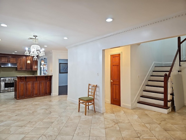 154-70 11th Ave, Whitestone, NY 11357 - kitchen featuring stainless steel range, under cabinet range hood, a chandelier, recessed lighting, and pendant lighting