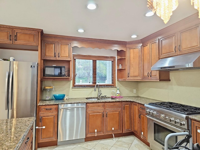 154-70 11th Ave, Whitestone, NY 11357 - kitchen with stainless steel appliances, under cabinet range hood, a sink, brown cabinetry, and light stone countertops