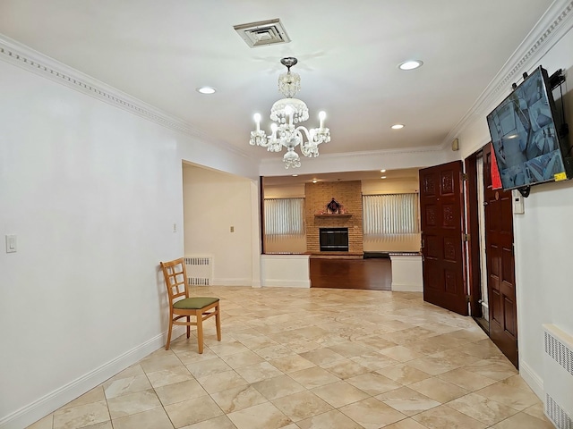 154-70 11th Ave, Whitestone, NY 11357 - living room featuring radiator heating unit, a chandelier, crown molding, recessed lighting, and a fireplace