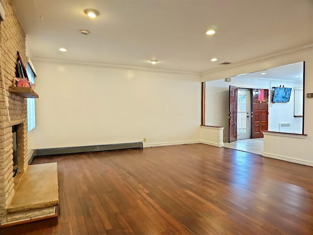 154-70 11th Ave, Whitestone, NY 11357 - unfurnished living room featuring a fireplace, dark wood-style floors, baseboard heating, crown molding, and baseboards