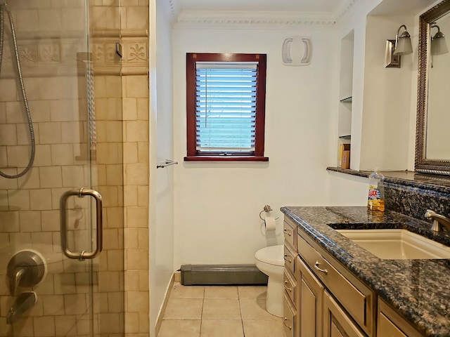 154-70 11th Ave, Whitestone, NY 11357 - full bathroom with a baseboard heating unit, a stall shower, tile patterned floors, ornamental molding, and toilet