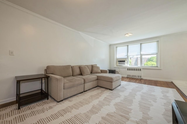 18-50 211th St Unit 2D, Bayside, NY 11360 - living area featuring radiator, ornamental molding, wood finished floors, baseboards, and cooling unit