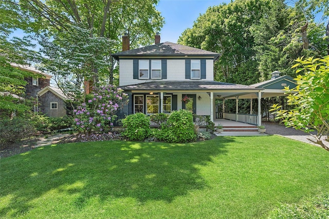 910 New Suffolk Ave, Mattituck, NY 11952 - view of front facade with a porch, a chimney, a front lawn, an attached carport, and a shingled roof