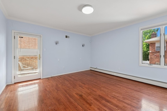 200-15 16th Ave, Bayside, NY 11360 - empty room with a baseboard radiator, wood finished floors, ornamental molding, and baseboards