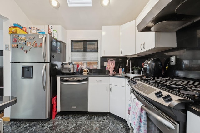 200-15 16th Ave, Bayside, NY 11360 - kitchen featuring stainless steel appliances, ventilation hood, white cabinets, dark countertops, and a sink