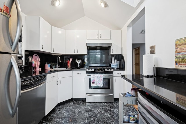 200-15 16th Ave, Bayside, NY 11360 - kitchen featuring appliances with stainless steel finishes, under cabinet range hood, a sink, dark countertops, and tasteful backsplash