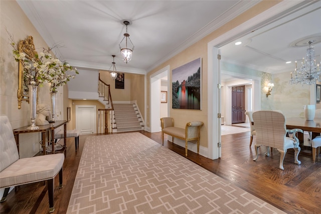 4 Pond Ln, Sands Point, NY 11050 - living area with stairs, wood finished floors, a chandelier, baseboards, and ornamental molding