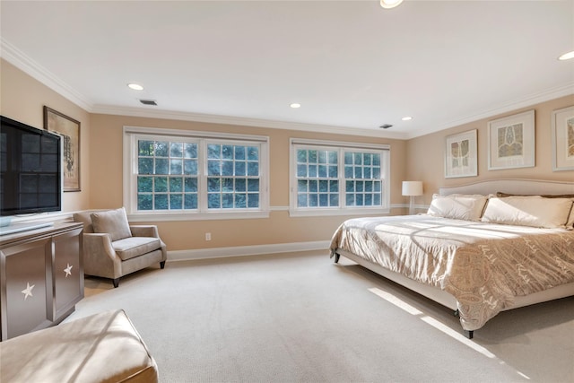 4 Pond Ln, Sands Point, NY 11050 - bedroom featuring baseboards, light carpet, ornamental molding, and recessed lighting