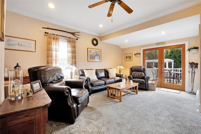 26 Adams Ave, Bayville, NY 11709 - living room with carpet floors, crown molding, a ceiling fan, french doors, and recessed lighting