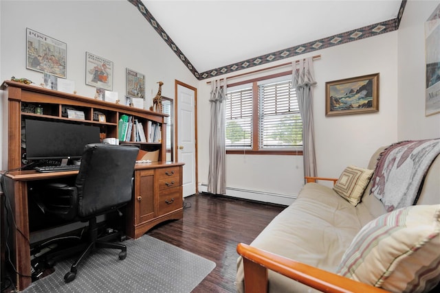 26 Adams Ave, Bayville, NY 11709 - home office with lofted ceiling, a baseboard heating unit, dark wood finished floors, and baseboards