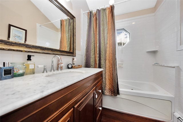 26 Adams Ave, Bayville, NY 11709 - bathroom featuring shower / bathtub combination with curtain, vanity, and wood finished floors