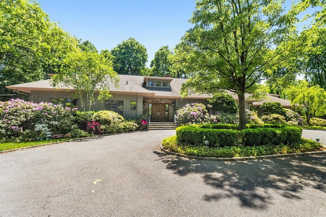 1 Polly Pk Rd, Rye, NY 10580 - view of front facade with board and batten siding and asphalt driveway