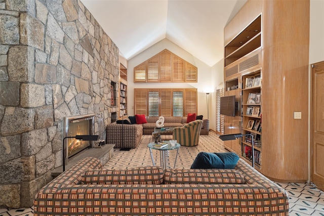 1 Polly Pk Rd, Rye, NY 10580 - living area with high vaulted ceiling and a stone fireplace