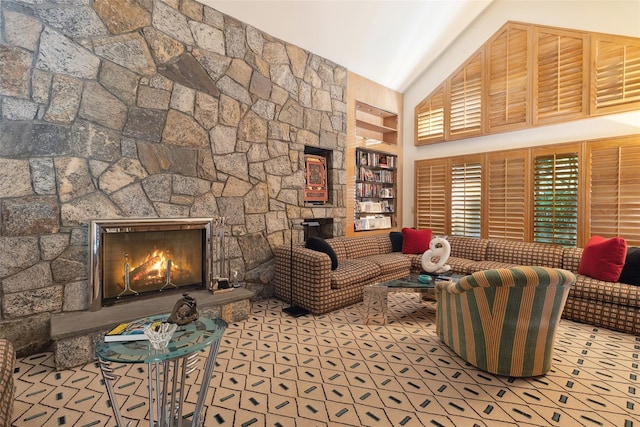 1 Polly Pk Rd, Rye, NY 10580 - tiled living room with a stone fireplace and high vaulted ceiling