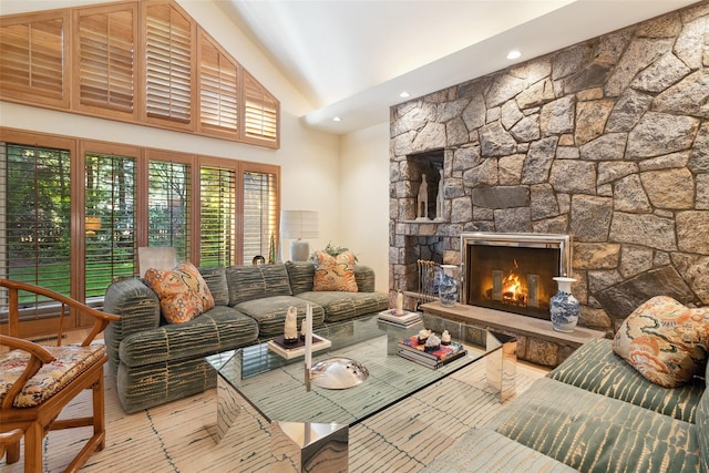 1 Polly Pk Rd, Rye, NY 10580 - living room with recessed lighting, wood finished floors, a fireplace, and high vaulted ceiling