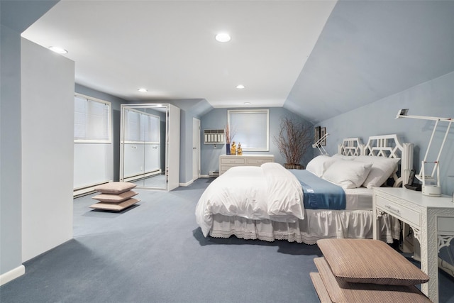 1 Polly Pk Rd, Rye, NY 10580 - bedroom with baseboard heating, carpet floors, lofted ceiling, recessed lighting, and baseboards