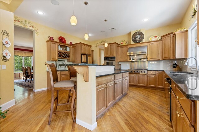 1 Majestic Rdg, Carmel, NY 10512 - kitchen featuring a sink, a kitchen island, wall chimney range hood, light wood finished floors, and appliances with stainless steel finishes