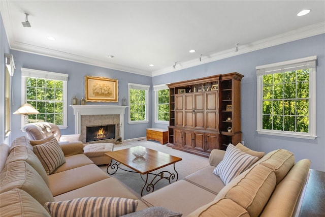 1 Majestic Rdg, Carmel, NY 10512 - living area with plenty of natural light, a fireplace with flush hearth, recessed lighting, ornamental molding, and baseboards