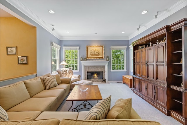 1 Majestic Rdg, Carmel, NY 10512 - living area featuring light carpet, healthy amount of natural light, a high end fireplace, recessed lighting, and crown molding
