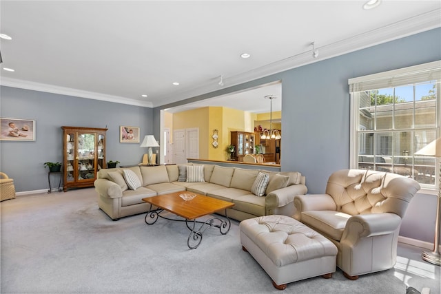 1 Majestic Rdg, Carmel, NY 10512 - living room featuring ornamental molding, a chandelier, baseboards, recessed lighting, and carpet flooring