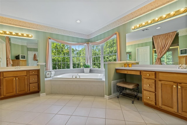 1 Majestic Rdg, Carmel, NY 10512 - full bathroom featuring a bath, tile patterned flooring, two vanities, ornamental molding, and wallpapered walls