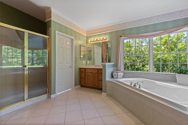 1 Majestic Rdg, Carmel, NY 10512 - full bath featuring vanity, ornamental molding, a garden tub, tile patterned flooring, and healthy amount of natural light