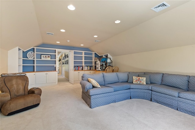 1 Majestic Rdg, Carmel, NY 10512 - living area with vaulted ceiling, light colored carpet, built in features, and recessed lighting