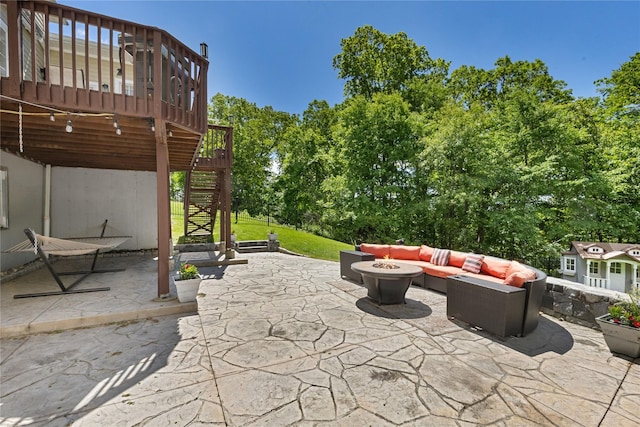 1 Majestic Rdg, Carmel, NY 10512 - view of patio with an outdoor living space with a fire pit, stairs, and a wooden deck