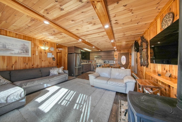 6 Medallion Rd, Kiamesha Lake, NY 12751 - living area featuring wooden walls, wooden ceiling with exposed beams, wood finished floors, and recessed lighting