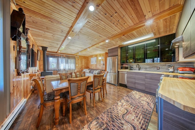 6 Medallion Rd, Kiamesha Lake, NY 12751 - dining area featuring a baseboard heating unit, wood finished floors, wooden ceiling with exposed beams, and wooden walls