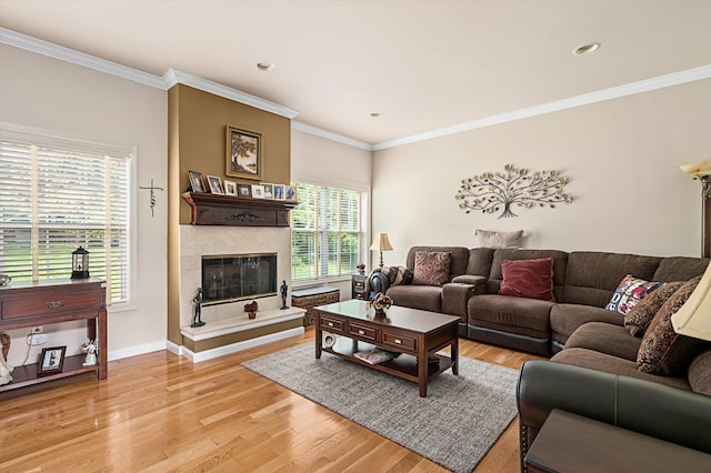 5 Mantack Path, Kings Park, NY 11754 - living area with light wood finished floors, crown molding, a premium fireplace, recessed lighting, and baseboards