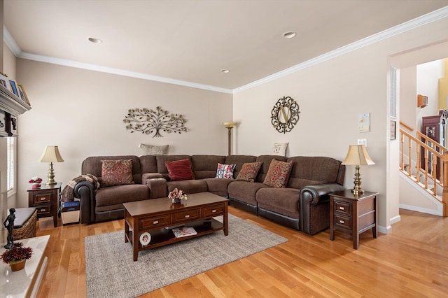 5 Mantack Path, Kings Park, NY 11754 - living room featuring light wood-type flooring, ornamental molding, stairway, recessed lighting, and baseboards