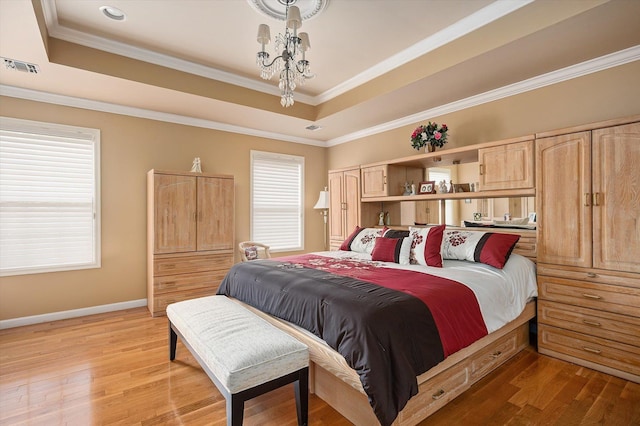 5 Mantack Path, Kings Park, NY 11754 - bedroom featuring a raised ceiling, light wood-style floors, ornamental molding, baseboards, and a chandelier