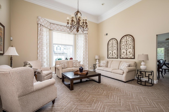 5 Mantack Path, Kings Park, NY 11754 - living area with a chandelier, ornamental molding, baseboards, and a towering ceiling