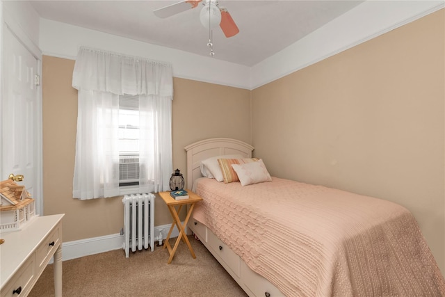 149-32 18th Ave, Whitestone, NY 11357 - bedroom featuring radiator, light colored carpet, a ceiling fan, baseboards, and cooling unit