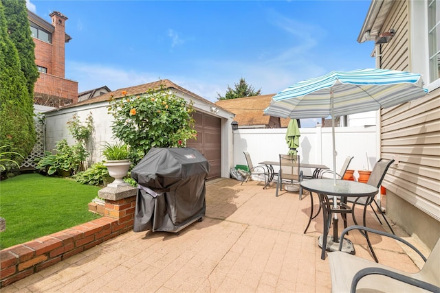 149-32 18th Ave, Whitestone, NY 11357 - view of patio / terrace featuring grilling area, outdoor dining area, an outdoor structure, and a garage