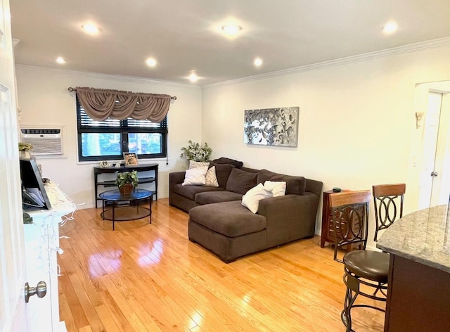 57-21 246th Cres Unit 1Fl, Douglaston, NY 11362 - living room featuring light wood-style flooring, crown molding, and recessed lighting