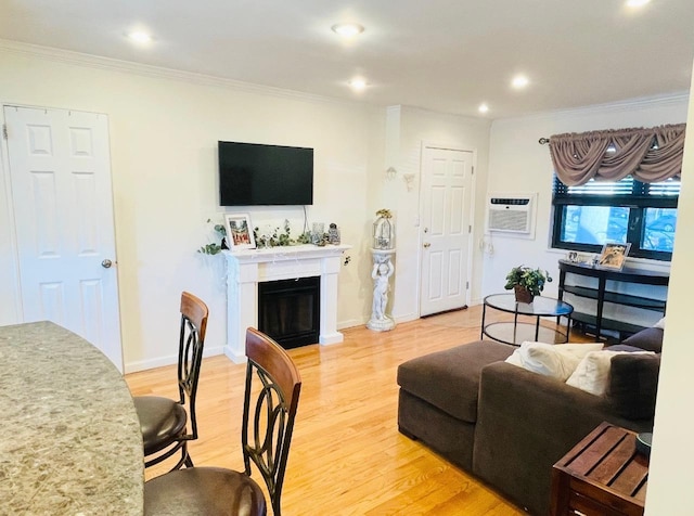 57-21 246th Cres Unit 1Fl, Douglaston, NY 11362 - living area featuring ornamental molding, light wood-style flooring, a fireplace with raised hearth, recessed lighting, and baseboards