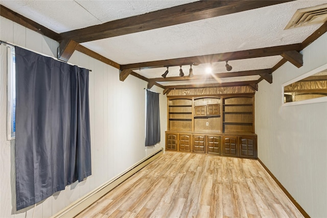 26 Beach Ave, Port Jefferson Station, NY 11776 - empty room featuring wood finished floors, beam ceiling, a textured ceiling, and wooden walls